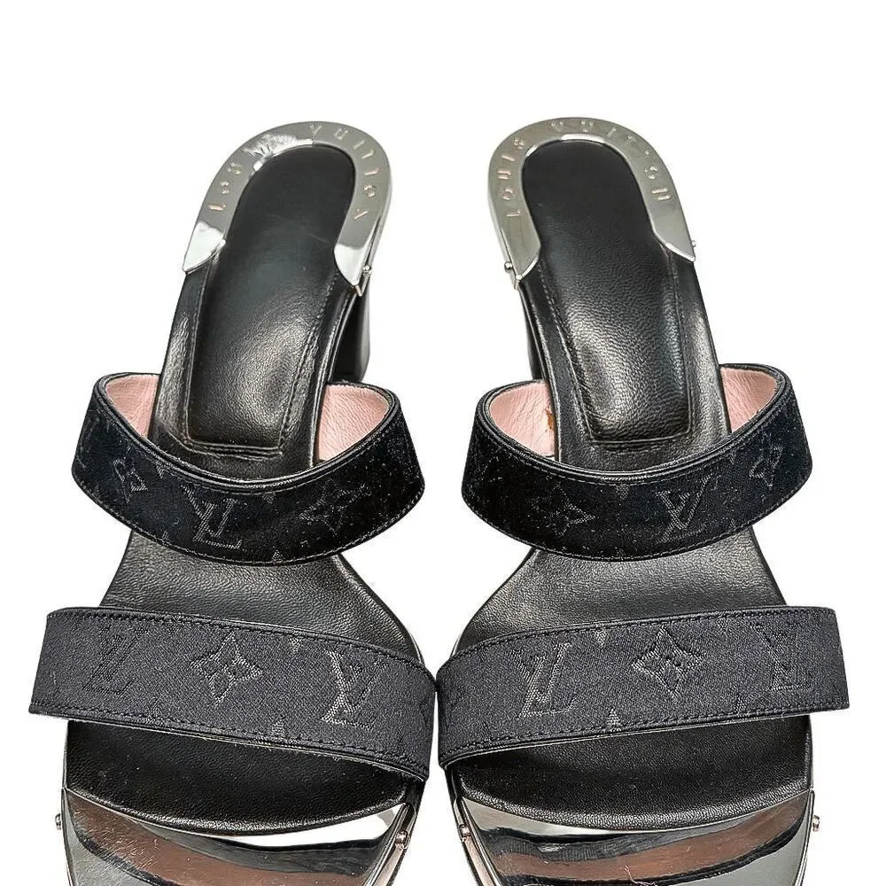 Louis Vuitton Monogram Fabric Mule Slide Sandals Block Heel EU 36 US 6 Authentic